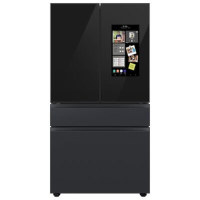 Bespoke 4-Door French Door Refrigerator (29 cu. ft.) – with Top Left and Family Hub™ Panel in Charcoal Glass – and Matte Black Steel Middle and Bottom Door Panels